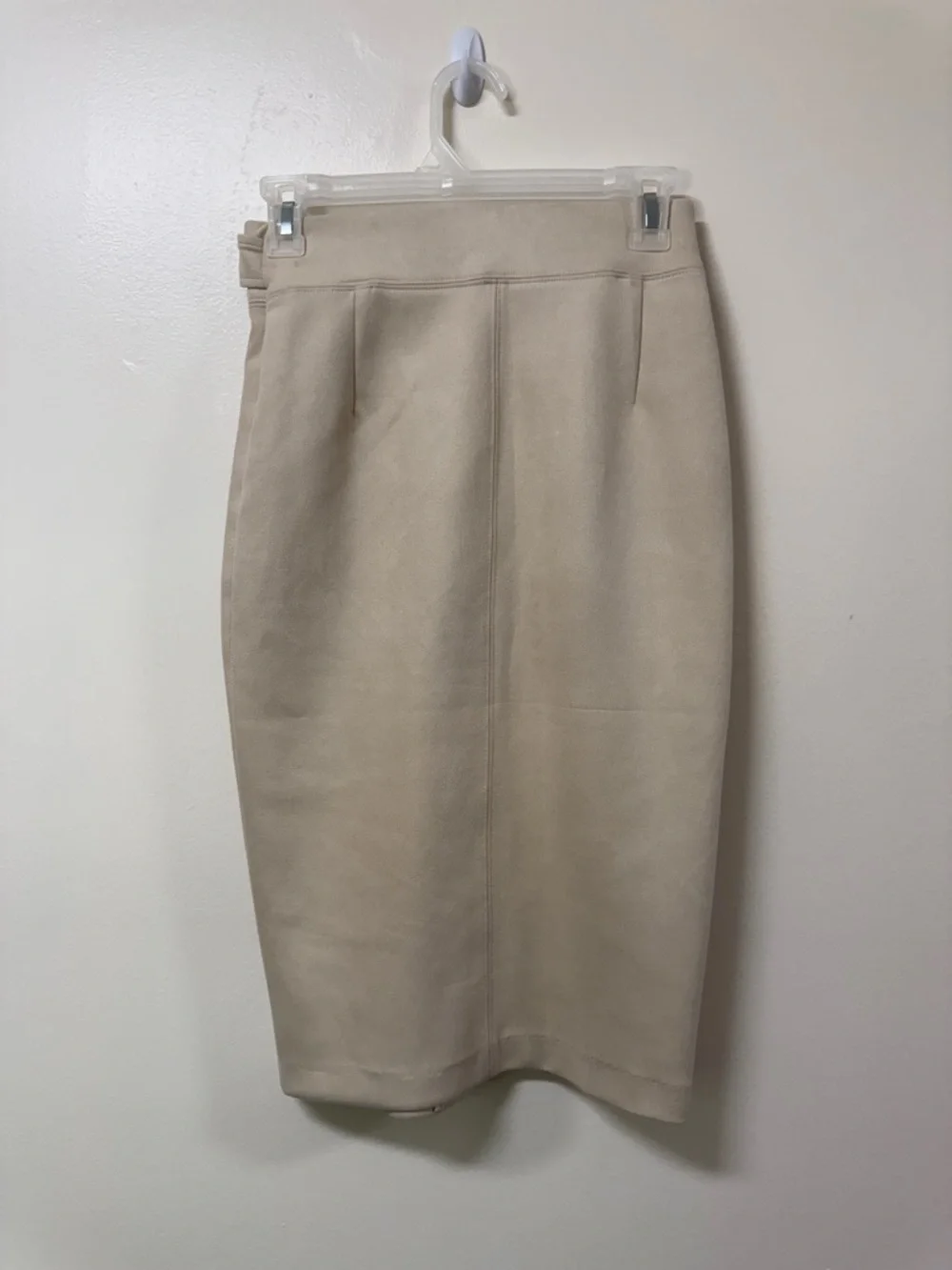 Mid-Rise Beige Button-Front Pencil Skirt with Self-Tie Detail - Picture 5 of 5